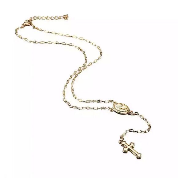 B172 WOMENS GOLD TONE CRUCIFIX AND VIRGIN MARY PENDANTS ROSARY CHAIN NECKLACE - Picture 4 of 7